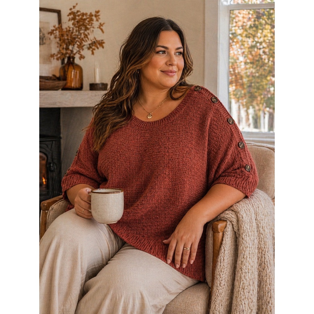 Misia Curvy Womens‎ 2X Rust Orange Button Sleeve Scoop Neck Knit Sweater Top